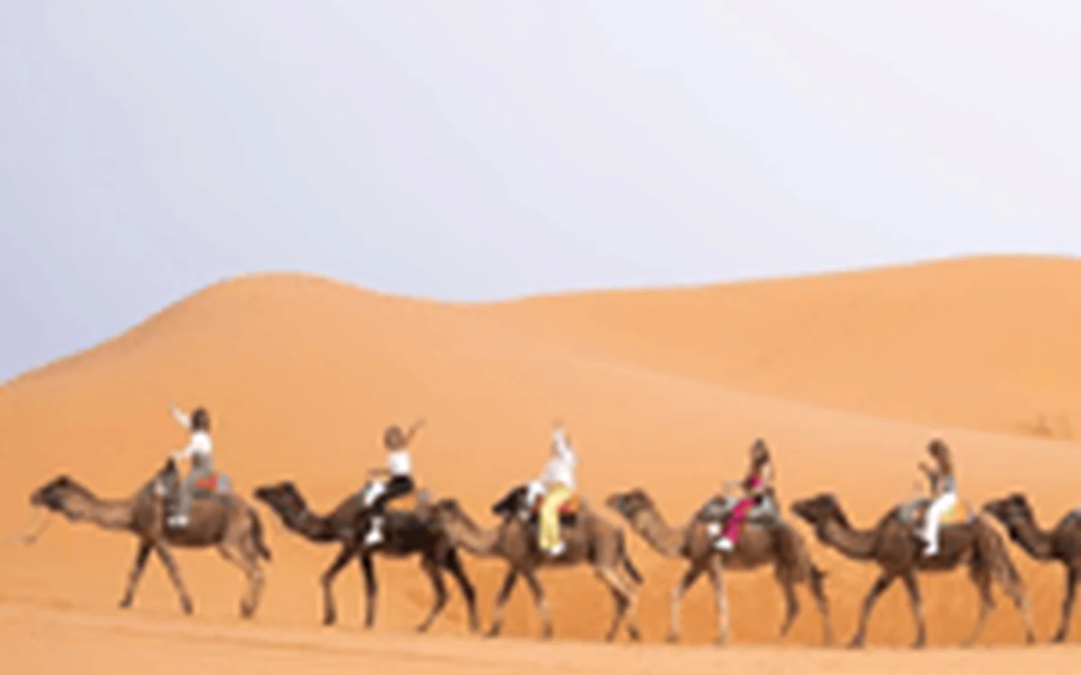 Camel caravan crossing the dunes on a three-day Sahara tour from Marrakech