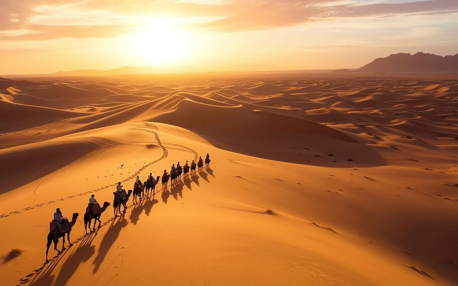 A long camel caravan crossing an orange dune ridge into the sun