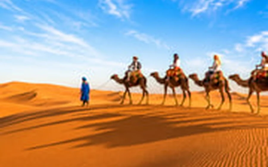 A guide leading riders on camels across bright orange sand