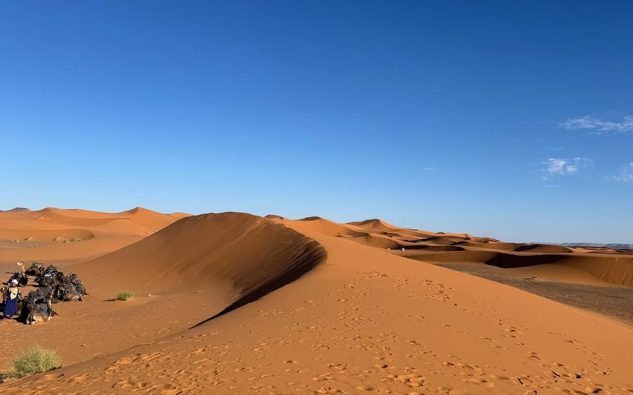 Tall empty dunes of soft sand under a clear blue sky